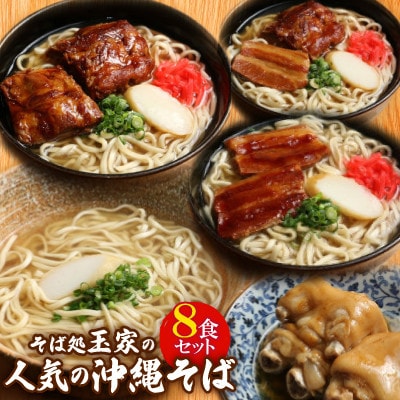 そば処玉家 人気の沖縄そば8食詰め合わせ【三枚肉・ソーキ・てびち】