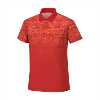 ミズノ・薩摩切子柄ポロシャツ(チャイニーズレッド・3XL)　C0-119-06