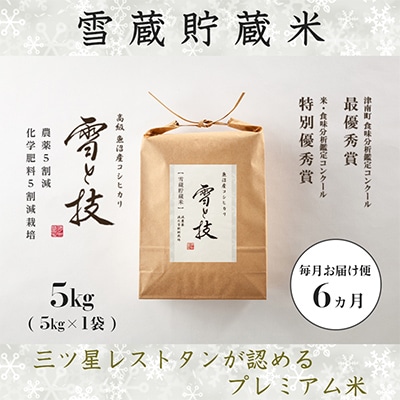 【毎月定期便】《 雪蔵貯蔵米 》 魚沼産コシヒカリ 「 雪と技 」 5kg (精米)×全6回
