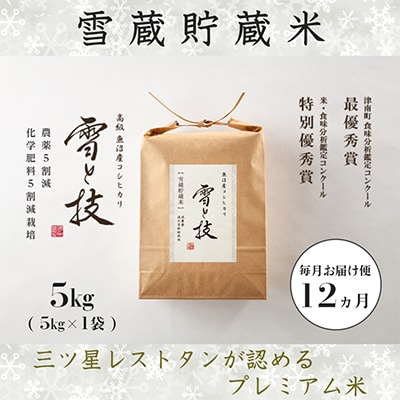 【毎月定期便】《 雪蔵貯蔵米 》 魚沼産コシヒカリ 「 雪と技 」 5kg (精米)×全12回