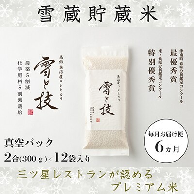 【毎月定期便】《雪蔵貯蔵米》 魚沼産コシヒカリ 「雪と技」【 真空 2合 (精米)×12袋】×全6回