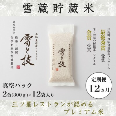 【毎月定期便】《雪蔵貯蔵米》魚沼産コシヒカリ「雪と技」特A 2合×12袋(精米)全12回
