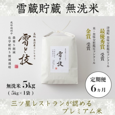 【毎月定期便】《雪蔵貯蔵 無洗米》魚沼産コシヒカリ「雪と技」特A 5kg(精米)全6回
