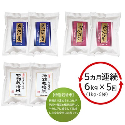 【毎月定期便】 新潟産コシヒカリ3種食べ比べ (新潟産 魚沼産 特別栽培米) (1Kg×6袋)全5回