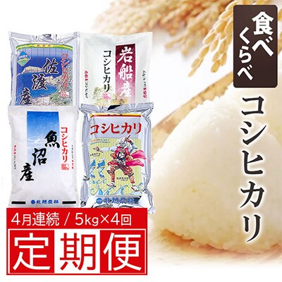 【毎月定期便】月替わりコシヒカリ食べ比べ  (魚沼産 新潟産 佐渡産 岩船産)5kg全4回