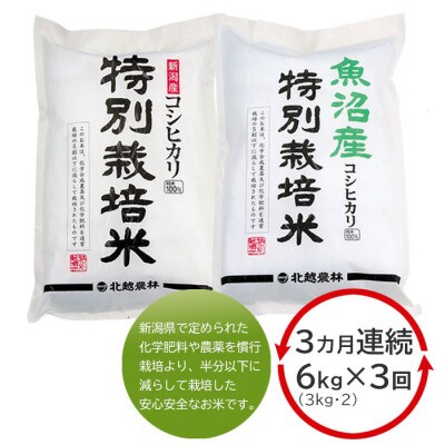【毎月定期便】特別栽培米3kg×2種類  計6kg (新潟産コシヒカリ 魚沼産コシヒカリ)全3回