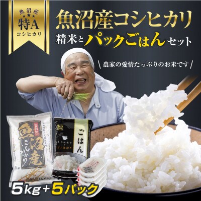 新潟県 魚沼産 コシヒカリ お米 5kg & こしひかり パックごはん 5パックセット