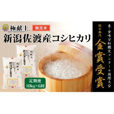 【発送月固定定期便】10月～発送【無洗米】金賞受賞　佐渡コシヒカリ 10kg全6回