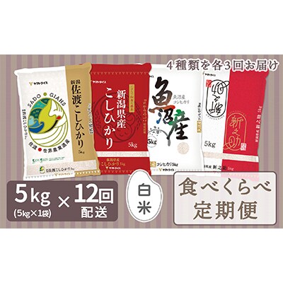 【毎月定期便】新潟県産米厳選食べ比べ　佐渡・新潟・魚沼・新之助 5kg全12回