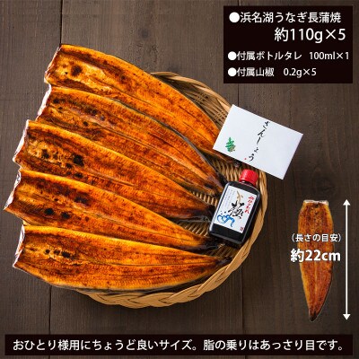 食品添加物不使用の浜名湖うなぎ蒲焼　約110g蒲焼×5尾(付属タレ×1、山椒×5)