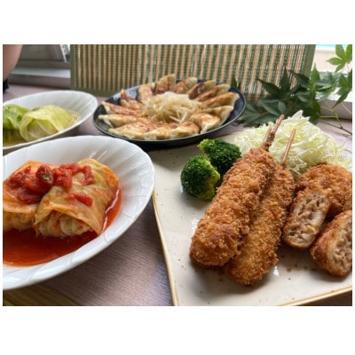 【湖西ポーク使用】冷凍餃子・冷凍串カツ・冷凍ロールキャベツ・冷凍ミニメンチカツ　絶品4点セット