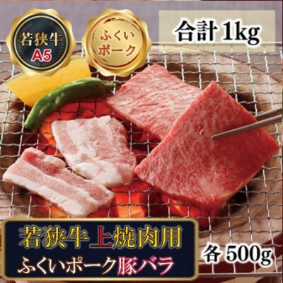 若狭牛+ふくいポーク焼肉セット (若狭牛上焼肉用A5ランク+ふくいポーク豚バラ) 牛脂付き各500g