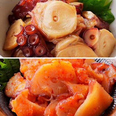 北海道産・タコの醤油漬けとキムチ漬けの各2個セット 合計600g|漁師の手作り