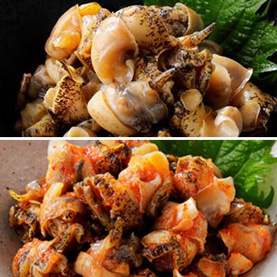 北海道産・エゾバイつぶの醤油漬けとキムチ漬けのセット 合計640g(160g×各2個)|漁師の手作り