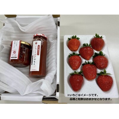 「あきる野産朝採り完熟いちご400g」「いちごジャム200g」「いちごミルクのもと200g」のセット
