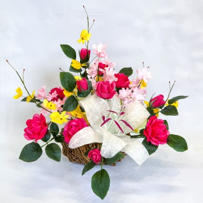 【まゆ玉から生まれる花　まゆ花(別名:シルクフラワー)】まゆ花ギフト　かご花アレンジメント[003]