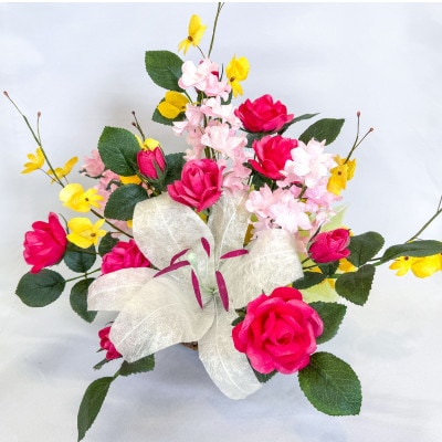 【まゆ玉から生まれる花　まゆ花(別名:シルクフラワー)】まゆ花ギフト　かご花アレンジメント[003]