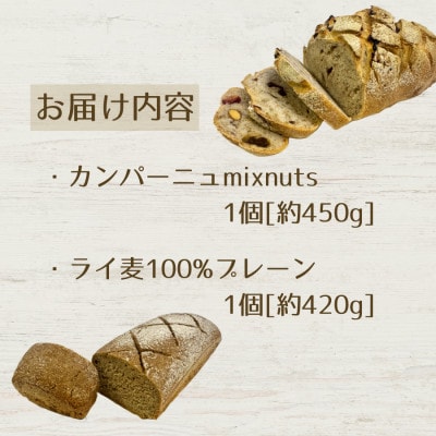 【ミックスセット】天然酵母のハード系パン2種(カンパーニュmix nuts・ライ麦100%プレーン)