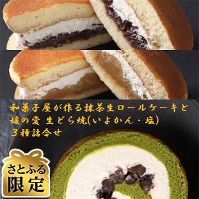 【さとふる限定】和菓子屋が作る抹茶生ロールケーキと媛の愛 生どら焼(いよかん・塩)3種詰合せ