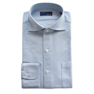 メンズ　ワイドカラー　長袖ニットシャツ　2021-SM21　サックス　Sサイズ