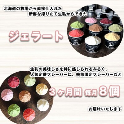 <3ヶ月定期便>北海道産 生乳 ジェラート アイス 毎月8個 詰め合わせ ジェラートセット