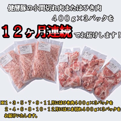 <定期便12回> 北海道産 健酵豚 小間切れ & ひき肉 計 1.2kg (全14.4kg)