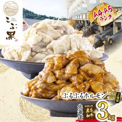 北海道産 黒毛和牛 こぶ黒 しお&amp;みそホルモン 計3kg(各300g&times;5パック)