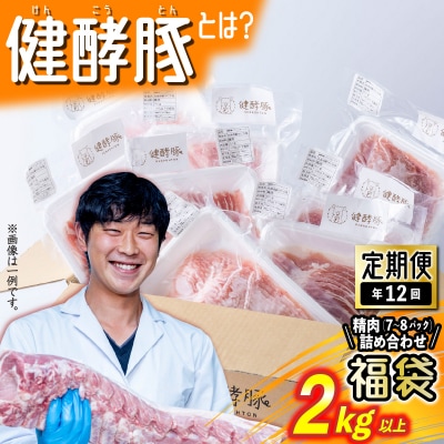 <定期便12回>北海道産健酵豚 お楽しみ福袋(精肉詰め合わせ) 毎月各2kg以上(7～8パック)