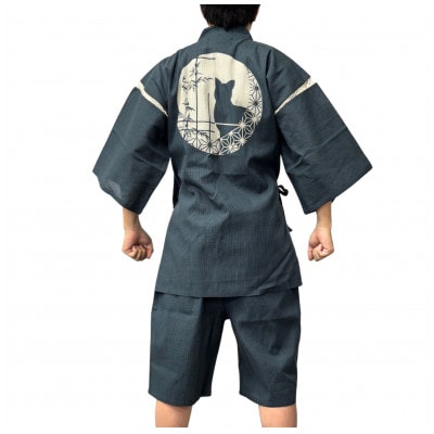 抜染柄入り　しじら甚平「丸窓の猫」　紺　Mサイズ