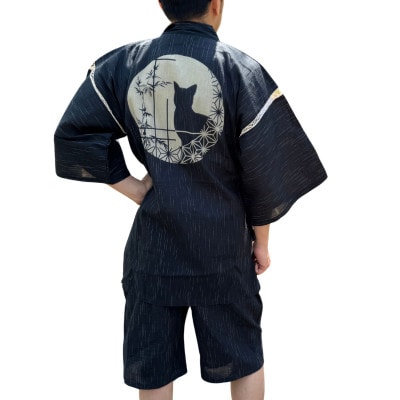 抜染柄入り　しじら甚平「丸窓の猫」　黒　4Lサイズ