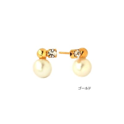 【ギフト可】艶パールにビジュー寄り添うアシンメトリーピアス(カラー:ゴールド)【043-016-1】