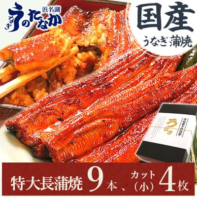 浜名湖・うなぎのたなかのふっくら柔らか国産うなぎ!どっさり山盛り!長蒲焼9本、カット(小)4枚