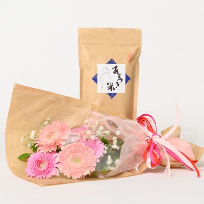 6月発送!同級生コンビでお届けするガーベラピンクブーケとおいしいお米のセット・お花長持ち栄養剤付き!