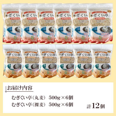 【毎月定期便】むぎくい亭(丸麦500g×6袋、裸麦500g×6袋)全3回
