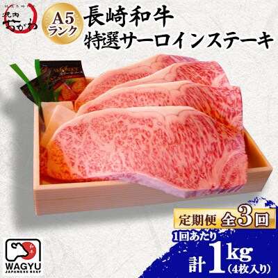 【毎月定期便】焼肉おがわ 長崎和牛A5ランク 特選サーロインステーキ 4枚 計1kg(諫早市)全3回