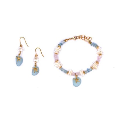【ブレスレット&ピアス】Mサイズ|サンゴとシーグラスのアクセサリーセット