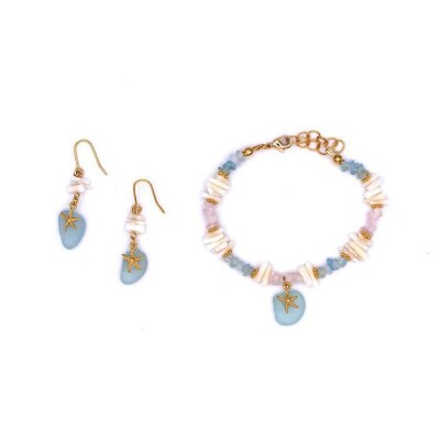 【ブレスレット&ピアス】Mサイズ|サンゴとシーグラスのアクセサリーセット