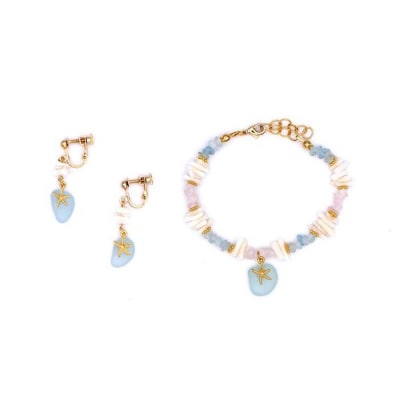 【ブレスレット&イヤリング】Mサイズ|サンゴとシーグラスのアクセサリーセット