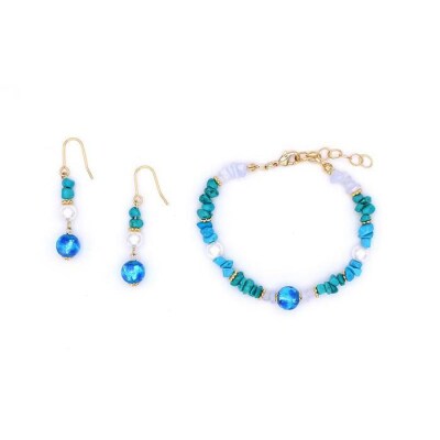 【ブレスレット&ピアス　ブルー】Mサイズ|ホタルガラスと天然石のアクセサリーセット
