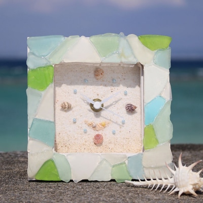 「シーグラスクロック」「シェルフォトフレーム」セット【沖縄の海からの贈り物】