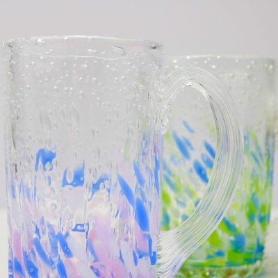 現代の名工「池宮城 善郎」作　気泡の海ラインジョッキ(青緑・青ピンク)2個ペア