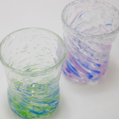 現代の名工「池宮城 善郎」作　気泡の海モールグラス(青緑・青ピンク)2個ペア