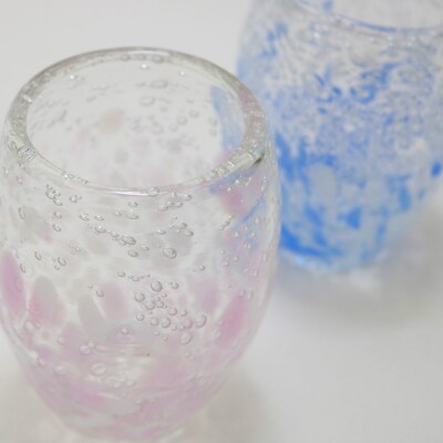 現代の名工「池宮城 善郎」作　気泡の海煌グラス(ピンク・青) 2個ペア