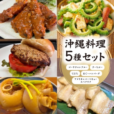 沖縄料理5種セット(ゴーヤーチャンプルー、すーちかー、てびち、あぐーハンバーグ、スペアリブ)