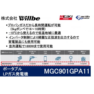 ポータブルガス発電機 MGC901GPA11 LPガス燃料