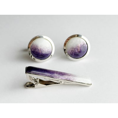 藤色の七宝焼ネクタイピン(長)&カフスセット