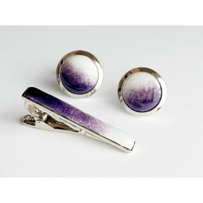 藤色の七宝焼ネクタイピン(長)&カフスセット