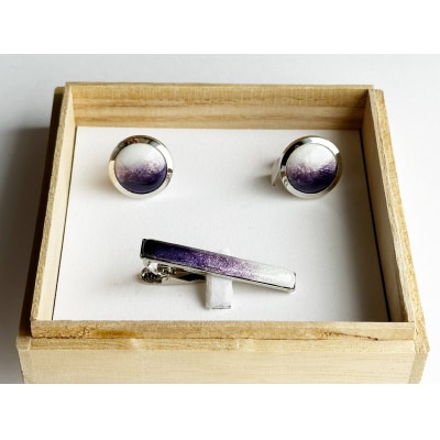 藤色の七宝焼ネクタイピン(長)&カフスセット