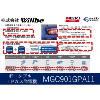 ポータブルガス発電機 MGC901GPA11 LPガス燃料