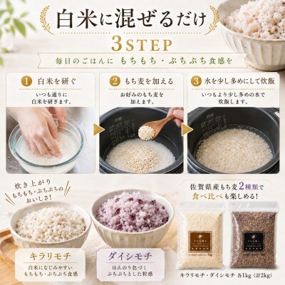 【毎月定期便】【もち麦食べ比べ】キラリモチ1kg・ダイシモチ1kg(鳥栖市)全6回